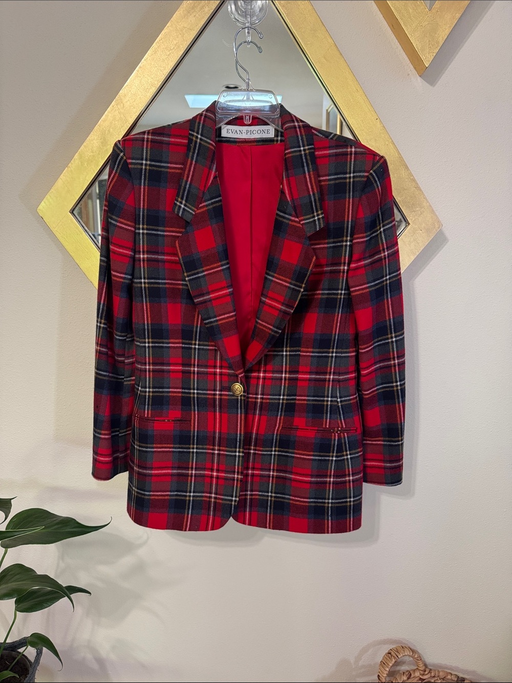 Vintage Evan-Picone Red Plaid Tartan Wool Blazer Jacket Made USA Preppy Grunge